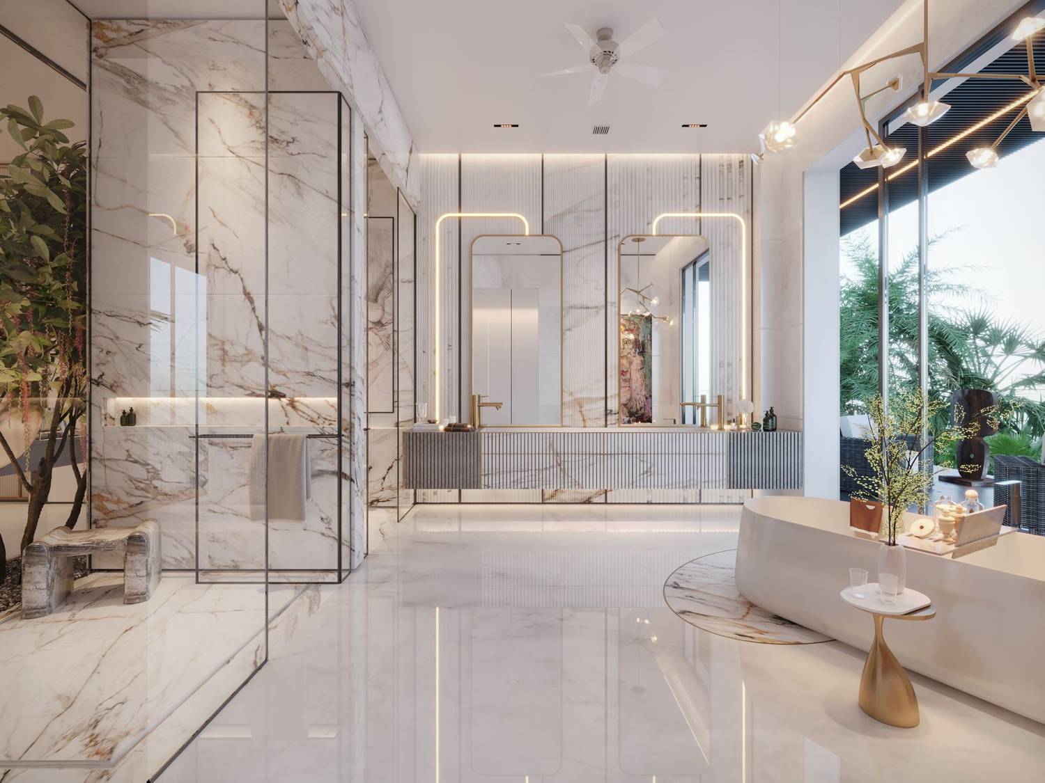 Elegant modern bathroom with marble tiles and luxurious decor, featuring natural light and sophisticated design elements.