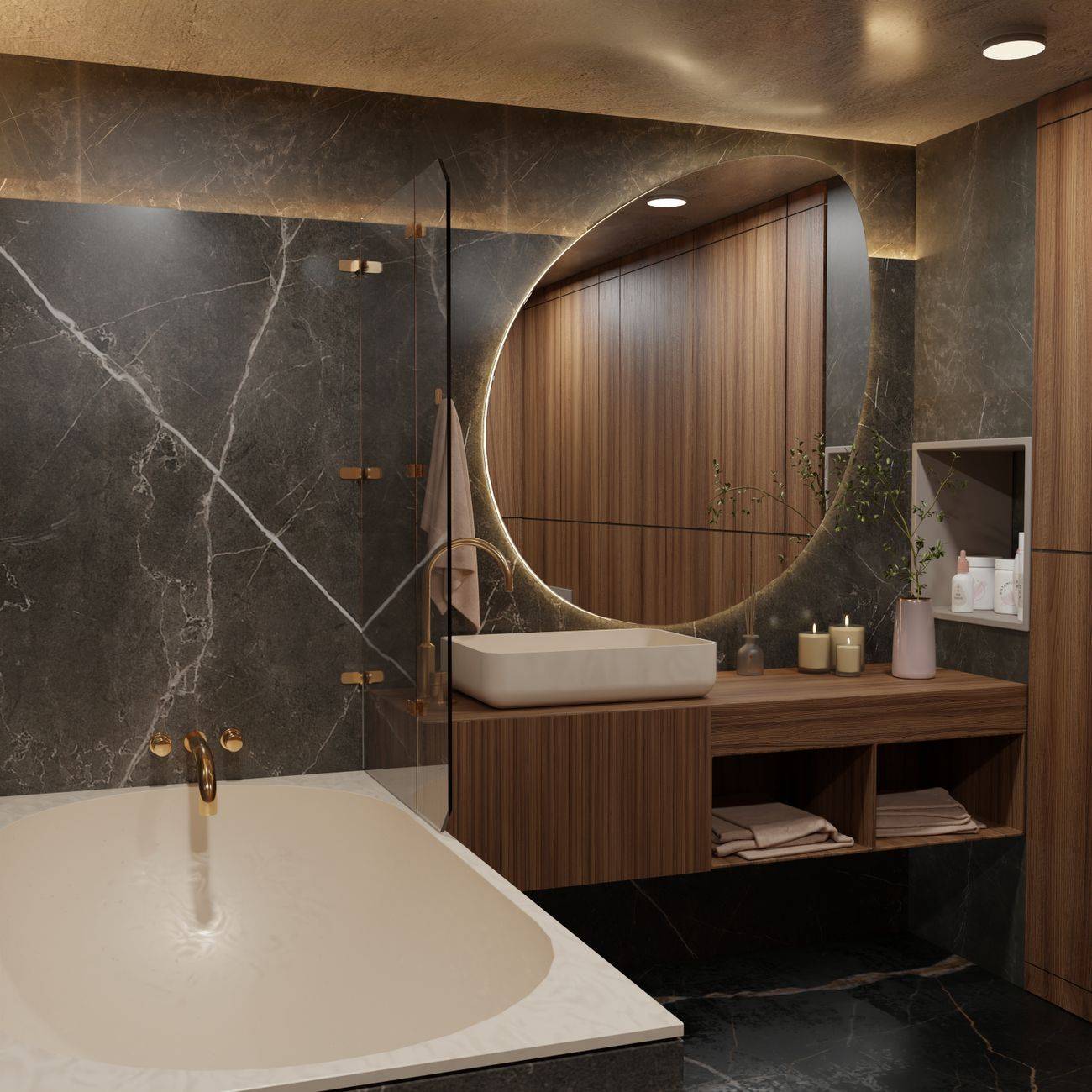 Elegant modern bathroom featuring marble walls and a sleek round mirror.