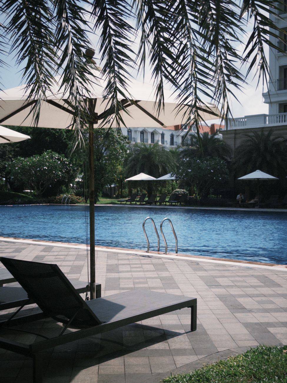 Serene poolside scene featuring palm trees, lounge chairs, and parasols at a luxurious resort.