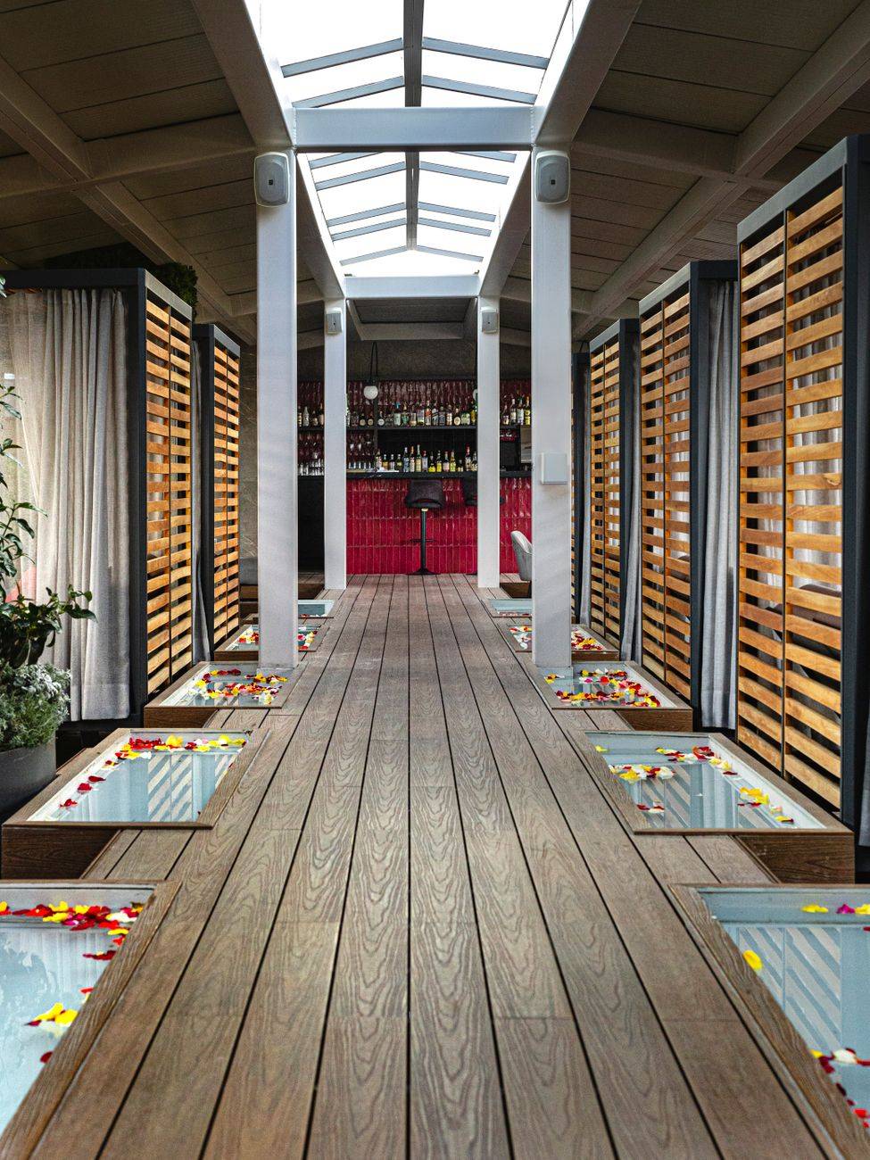 Elegant indoor terrace with wooden panels and skylights in modern design.