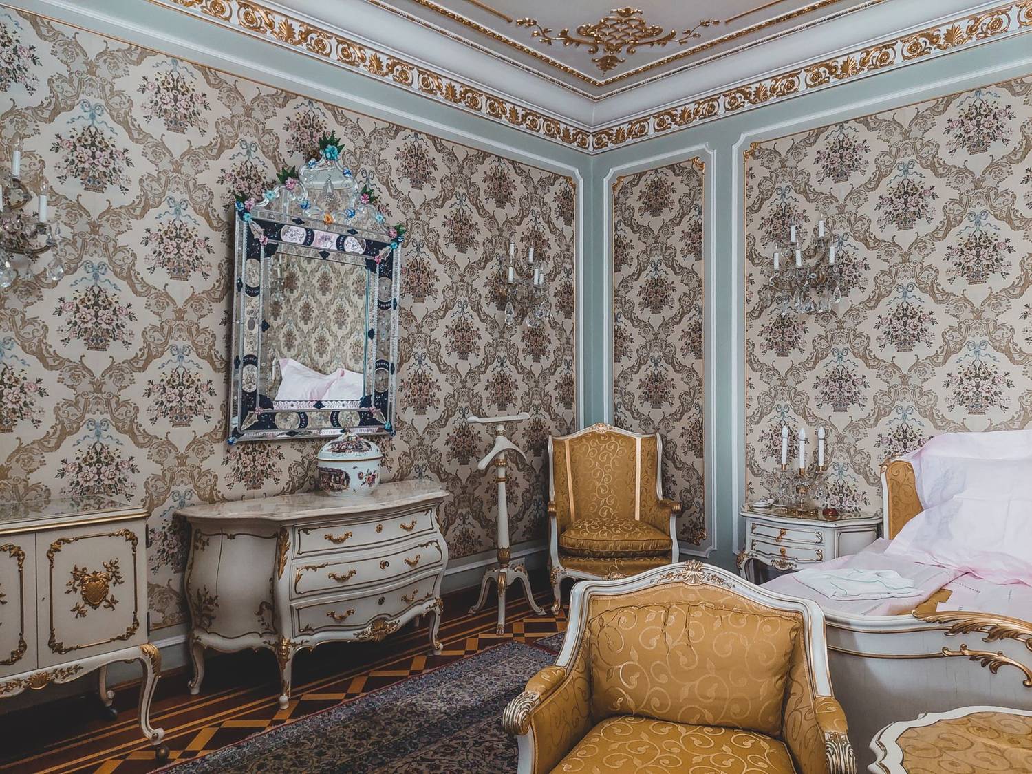 Opulent vintage bedroom interior with ornate furniture and decor in Bucharest.
