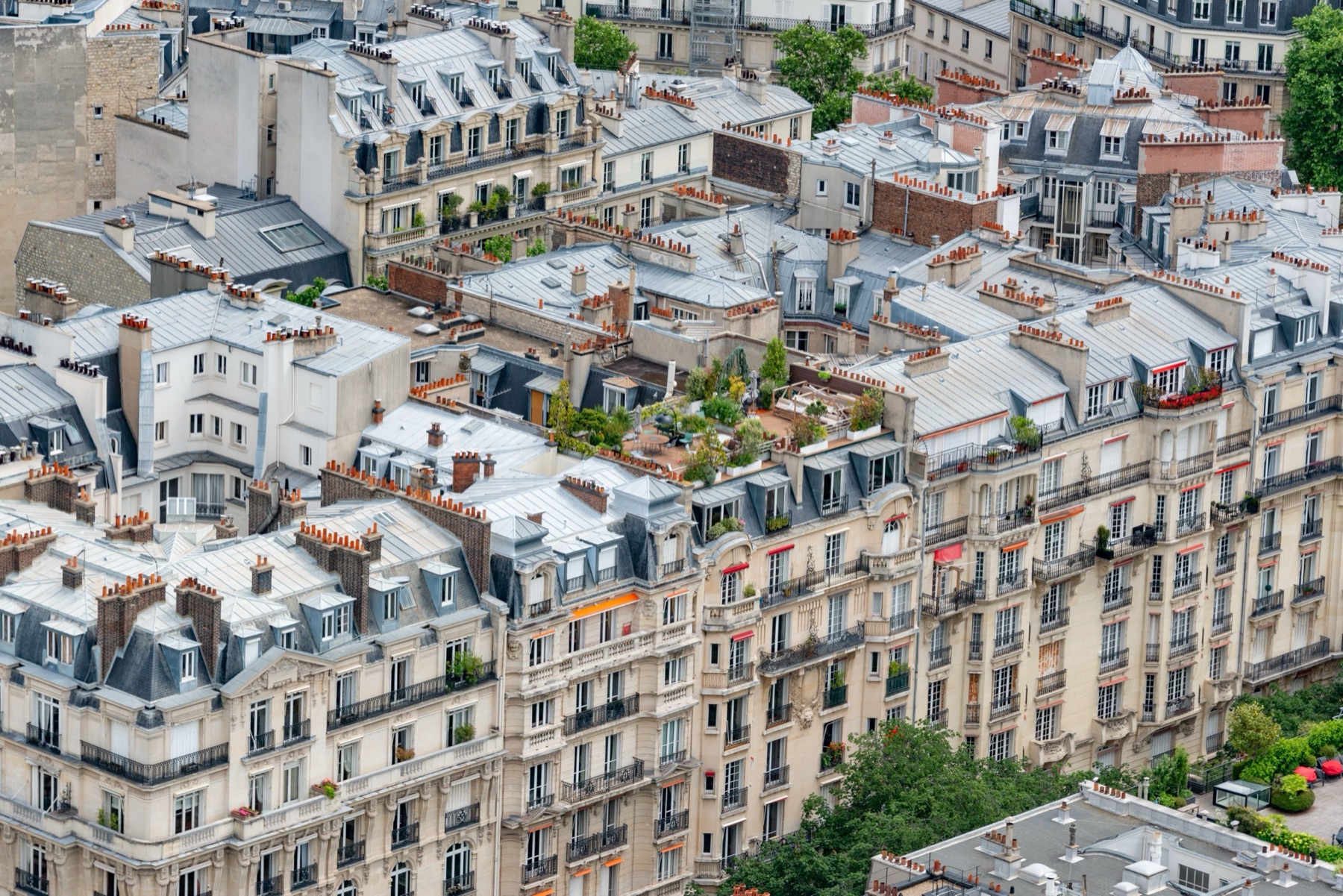 A view over Parisian Haussmann rooftops with zinc roofs, terraces and chimney pots